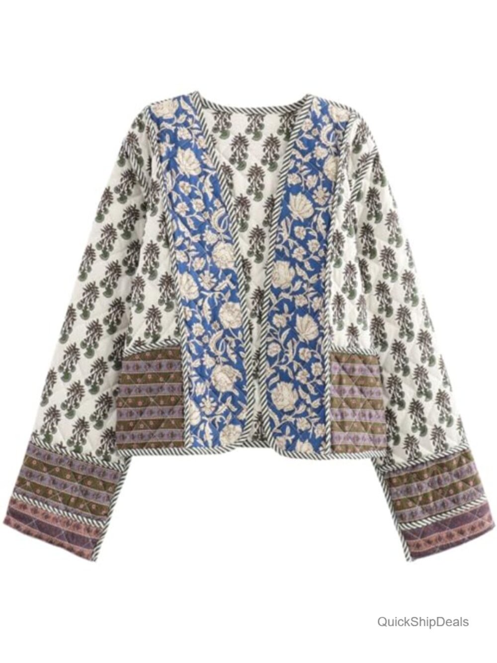 Women's Floral Print Cropped Puffer Jacket Quilted Long Sleeve Open Front